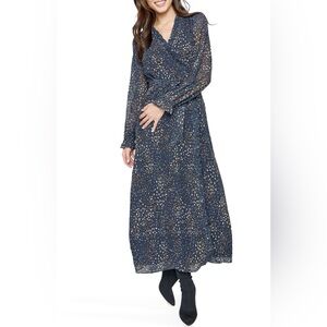 Lost + Wander Blue Speckled Wrap Maxi Dress XS Long Sleeve Ruffle